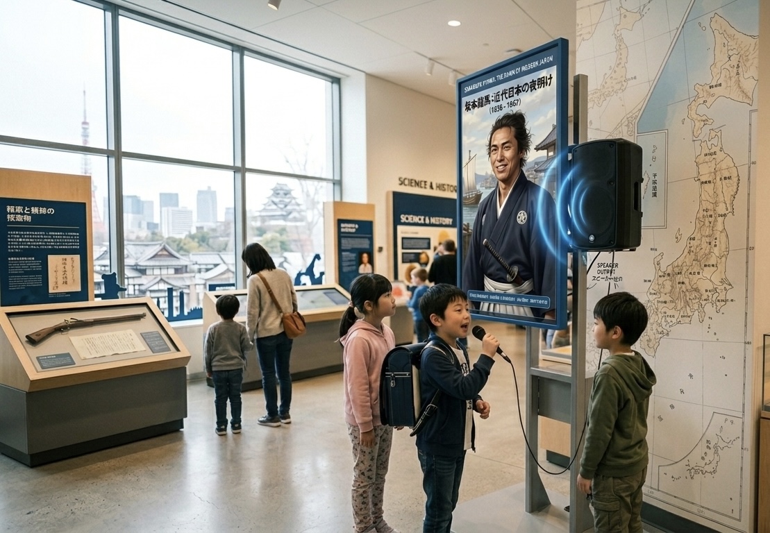 子供たちが坂本龍馬のAIに話しかける様子