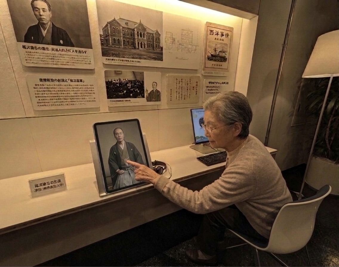 シニアの来館者が福沢諭吉のAIと対話する様子